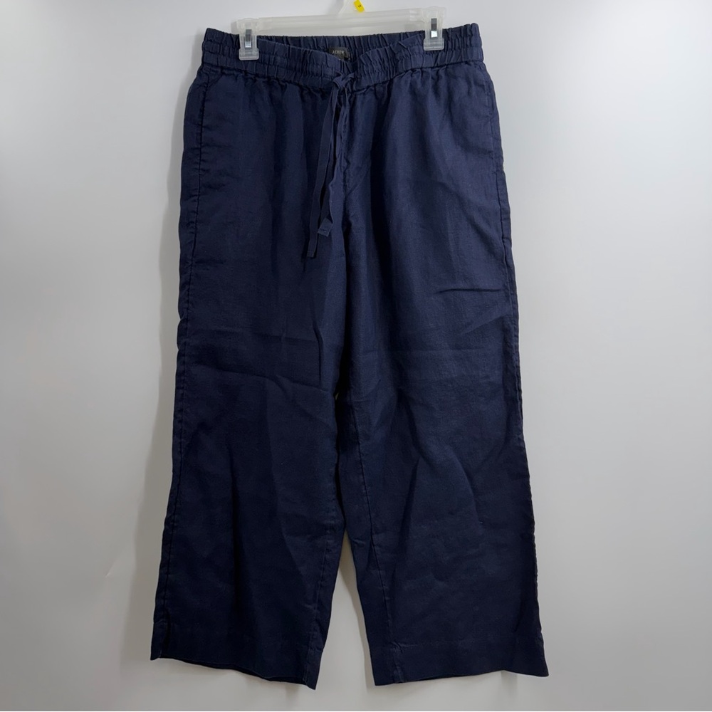 J. Crew Seaside Wide Leg Linen Pants Navy Medium Tall Pull On Coastal